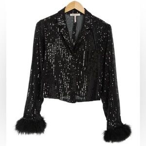 BCBGeneration Black Sequin Top with Feather Cuff, sz xs